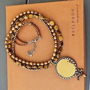 Silpada Hammered Gold Disc Pendant & Sterling Silver Beaded Necklace